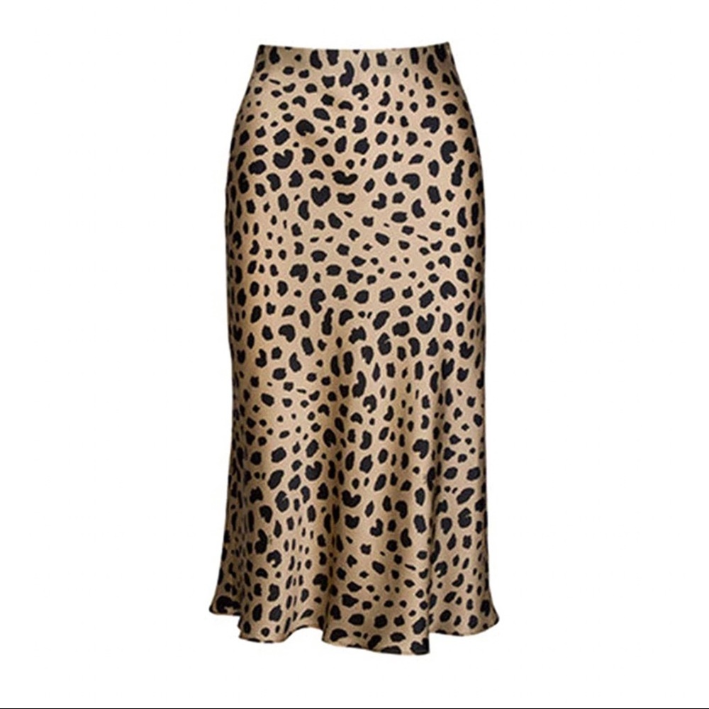 Leopard Print Cheetah High Waisted Silk Satin Elasticized Skirt M